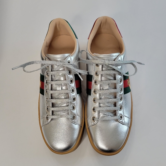 Gucci silver leather platform sneaker new in box size 8.5 - Picture 2 of 8